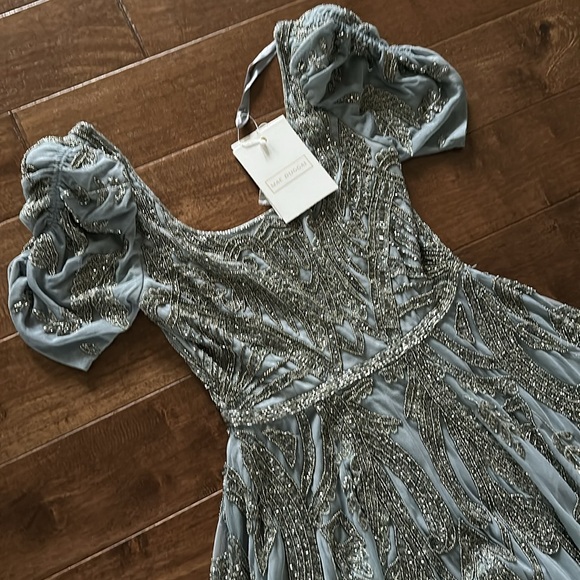 Mac Duggal 5434 Short Sleeve Silver Slate Blue Beaded Tea Length Dress Sz 8 NWT - Picture 5 of 14